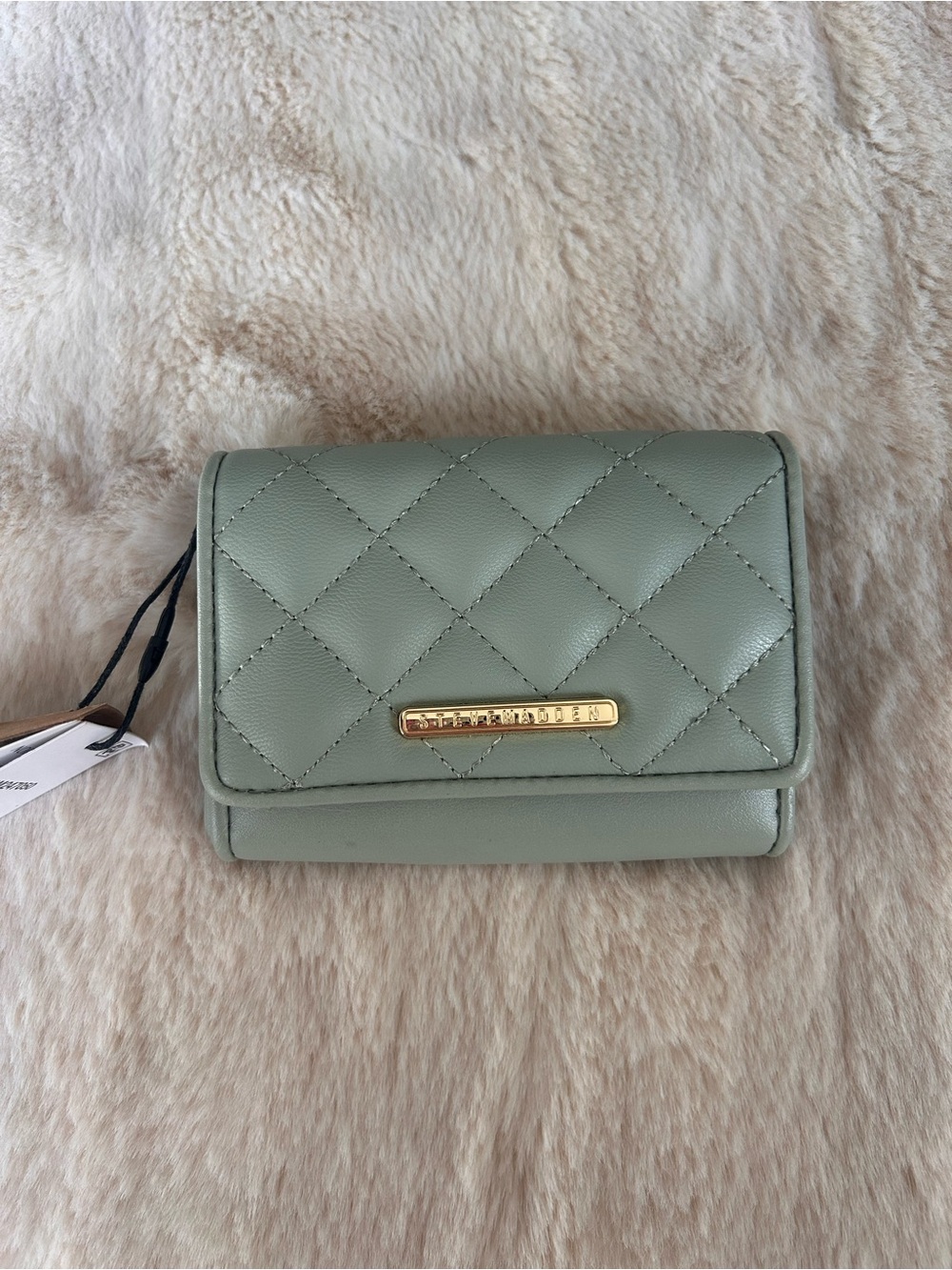 Steve Madden Quilted Sage Green Trifold Wallet with Gold Plaque